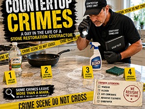 Infographic about countertop crimes: a contractor at a kitchen bench with crime-scene tape, numbered steps, and a checklist of common offenses and prevention tips for stone work.