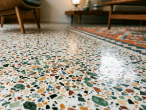 Low-angle view of a terrazzo floor with multicolored chips (orange, green, black) in a living room, furniture legs in the background.